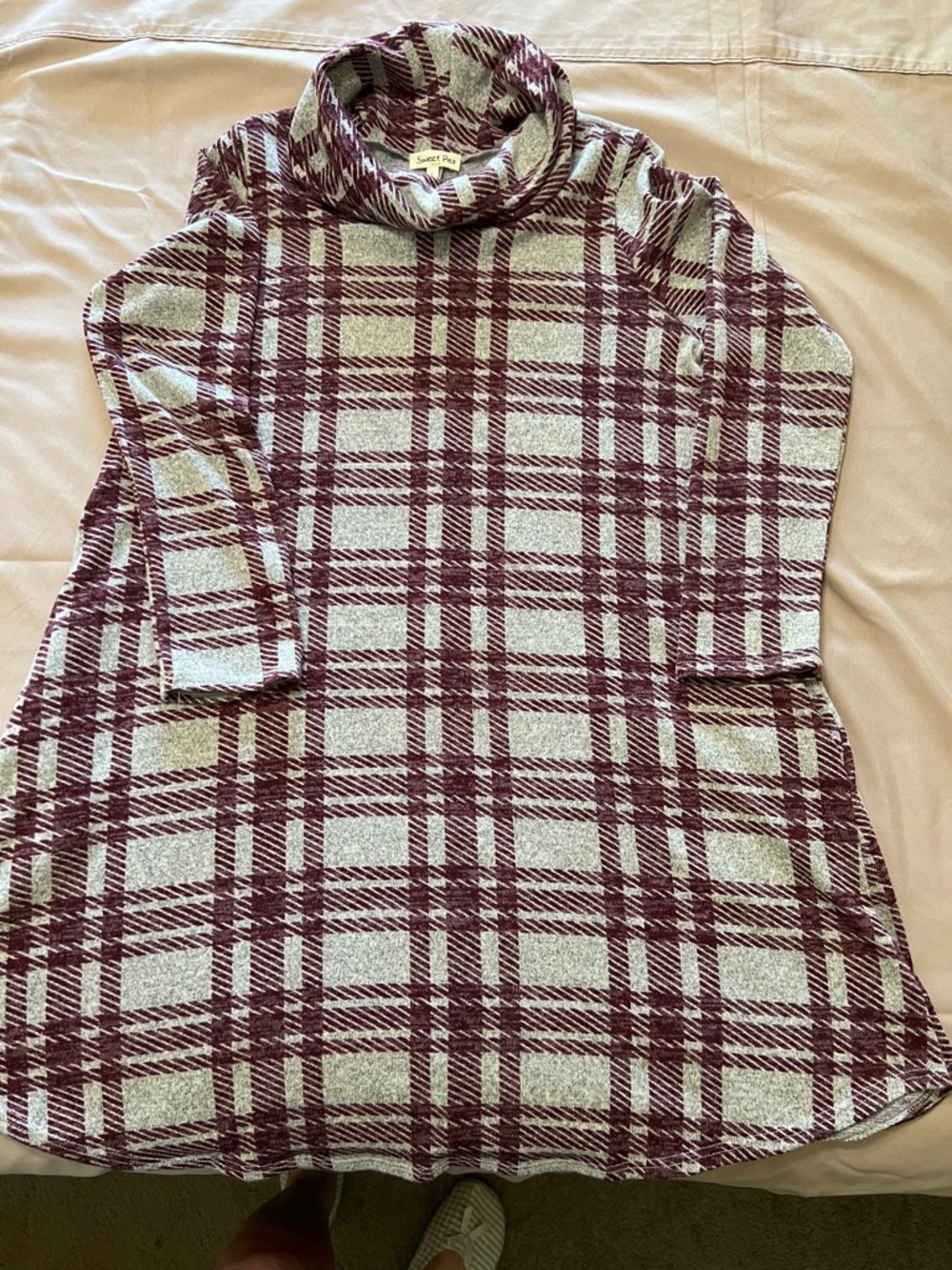 Sweet Pea Burgundy & Cream Plaid Cowl Neck Sweater
